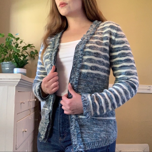 Wool blend striped blue and white zip cardigan - Picture 4 of 4
